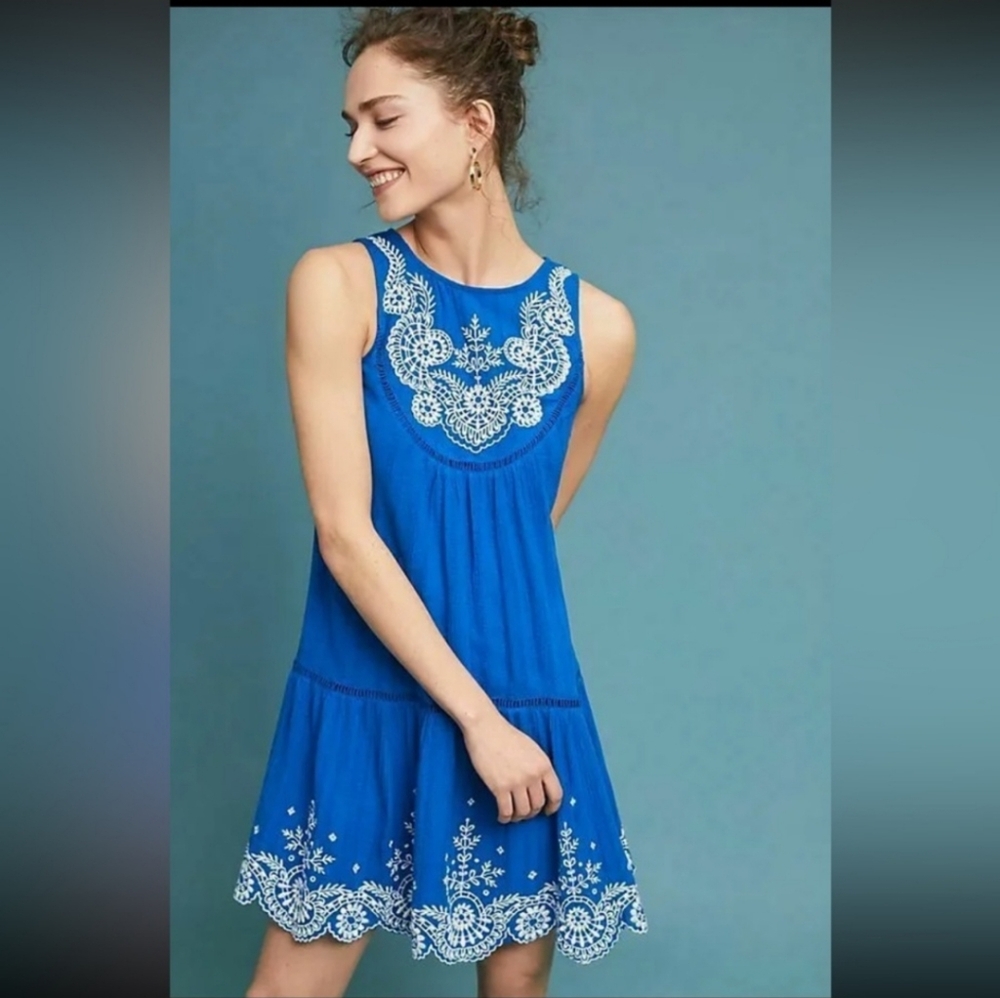 Anthropologie Meadow Rue Sapphire Blue Embroidered Dress, Size 4